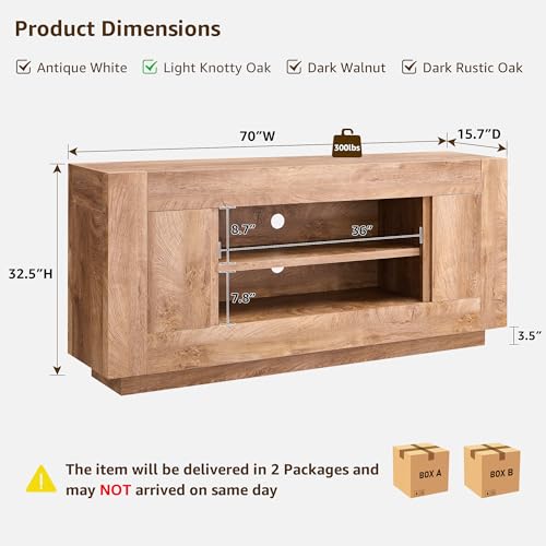 OKD Modern 70" TV Stand, Entertainment Center for TVs Up to 80", Media Console with Large Open Storage & Side Cabinets, Thick Wood Design for Living Room, Light Knotty Oak - color: Light Knotty