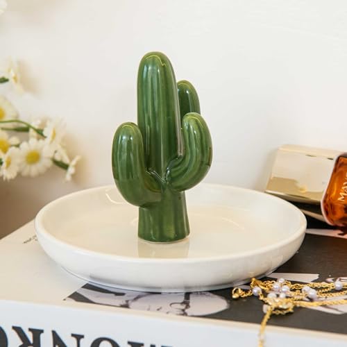 Cactus Ring Holder Dish, Ceramic Jewelry Tray Trinket Dish for Necklace Keychain Organizer, Cute Funny Birthday Wedding Mothers Day Gift for Women Friends Girls - style: Cactus