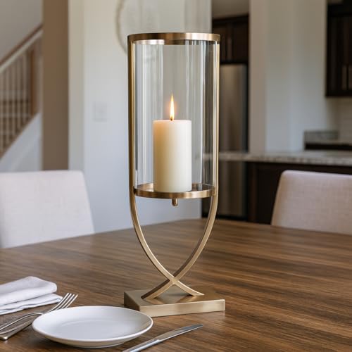 Contemporary Metal and Glass Hurricane Candle Holder - Decorative Pillar Candlestick Holder for Table Centerpiece - Elegant Home Decor Accents for Any Special Occasion Decoration - 23" Gold - color: Gold, size: 23"