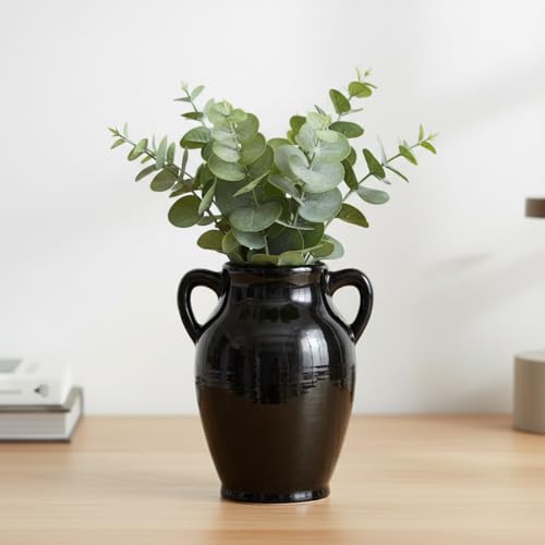 Sunddo Black Ceramic Vase - 8 Inch Modern Decorative Vase with 2 Handles, Black Centerpiece for Home Decor, Living Room, Kitchen Table, Mantle Fireplace, Bathroom Decor - color: Black - 8, size: 8 Inch