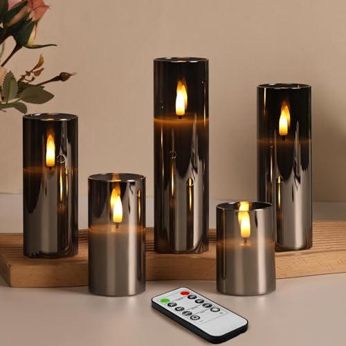 Eywamage 5 Pack Grey Glass Flameless Candles with Remote, Flickering Slim Tall LED Pillar Votive Candles Battery Included - color: Gray