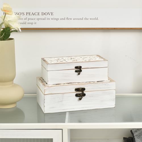DECOR4SEASON White Wooden Storage Box Set of 2 - Distressed White-Washed Decorative Boxes with Hinged Lids - Hand Carved Solid Pine Organizer for Jewelry, Keepsakes, and Shabby Chic Home Décor - color: White, size: S&M