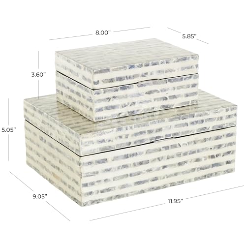 Deco 79 Mother of Pearl Shell Geometric Handmade Decorative Box Linear Mosaic Storage Decorative Keepsake Box with Cream Underlay, Set of 2 Storage Box 12", 8"W, Cream - color: Cream, size: 11.95", 8"W