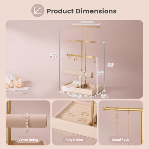 Lolalet Jewelry Holder Tree with Velvet Tray, 4 Tiers Necklace Display Stand Rack with Ring Slots Organizer for Earrings Bracelets Bangles Ring, Valentine's Day Gift -Beige - color: Beige