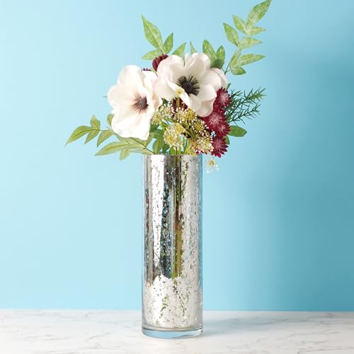Hosley 12 Inch High Metallic Silver Speckled Finish Glass Floral Vase. Ideal Gift for Floral Arrangements Weddings Bridal Spa Meditation Reiki Rose Vase Nautical Settings Led Lantern Votive Garden P1 - color: Metallic Silver