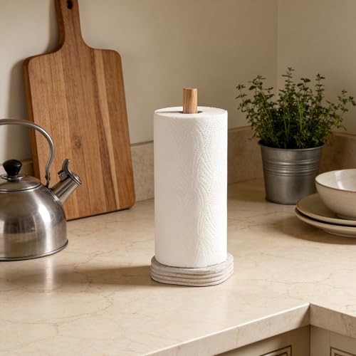 Natural Travertine Textures Standing Paper Towel Holder for Kitchen Countertop, Bathroom Toliet Paper Roll Holder with Weighted Base and Sturdy Wood Stand,for Standard or Plus Rolls, Height-Adjustable - color: Yellow Stone
