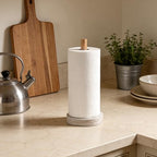 Natural Travertine Textures Standing Paper Towel Holder for Kitchen Countertop, Bathroom Toliet Paper Roll Holder with Weighted Base and Sturdy Wood Stand,for Standard or Plus Rolls, Height-Adjustable - color: Yellow Stone