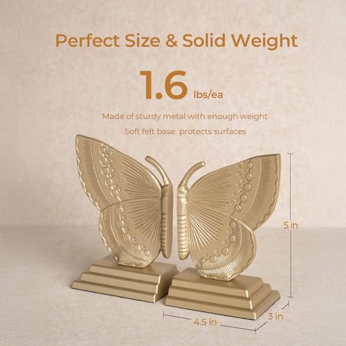 Decorative Butterfly Bookends, Muted Matte Vintage Gold Heavy Duty Metal Book Ends with Non-Slip Felt Base, Shelf Organizer for Home and Office
