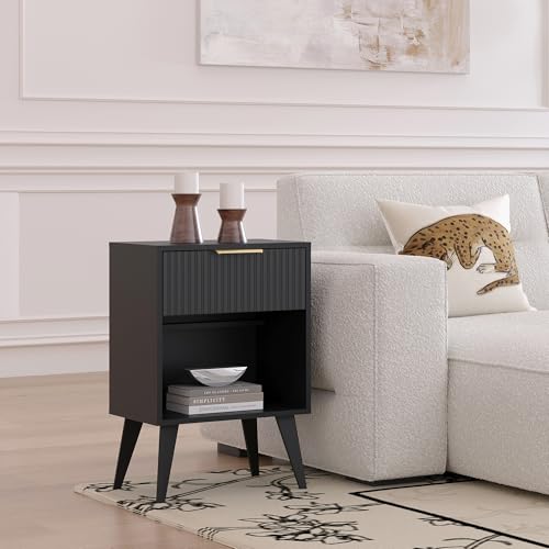 YAUKOMEL Fluted Night Stand with Opening Storage,Mid Century Bedside Table with Drawer,Black Nightstand with Wood Legs,End Table Side Table for Living Room,Bedroom,11.8" Dx15.7 Wx 25.2" H CTG56BK - color: Black