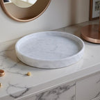 Carrara White Marble Tray Round 10 Inch, Natural Stone Perfume & Dessert Tray, Elegant Serving & Display Plate for Home, Vanity, 2 cm Deep, Non-Slip Base - color: White Carrara