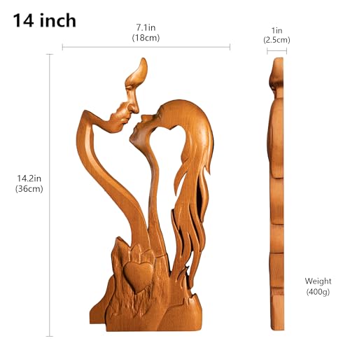 BGCOPPER Wooden Kissing Couple Ornament, Abstract Couple Portrait Sculpture Romantic Love Statue Decor Gift for Women Anniversary Valentine Wedding - 14 Inch - color: Wood, size: 14 Inch