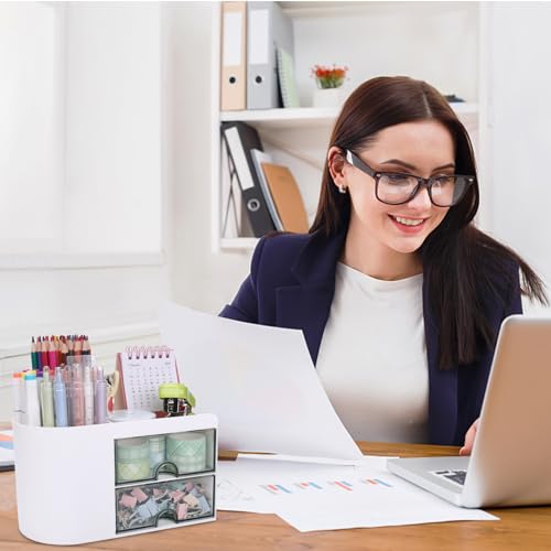Meiikun Desk Organizer with Drawer, Pen Organizer for Desk, Small Pencil Holder, Desk Organizers and Accessories for Office Home Storage (2 Drawers+4 Compartments, White) - color: 4 Compartments + 2 Drawer (White)