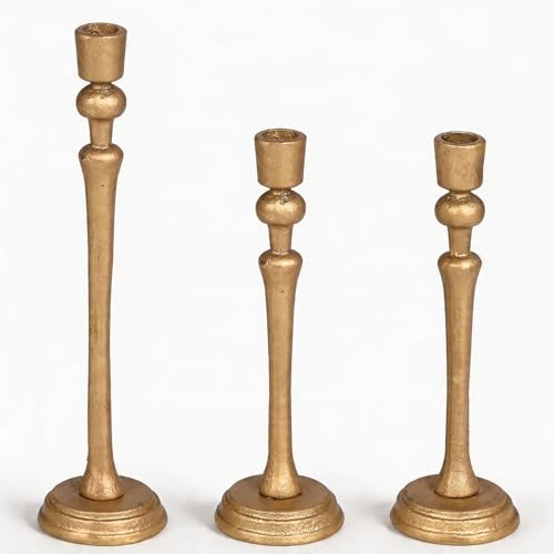 Gold Candlestick Holders Set of 3, Heavy Cast Iron Candle Holder for Table Centerpiece, Antique Brass Finish - color: Antiqued Gold 5