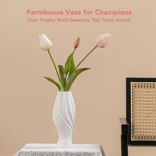 White Ceramic Torch Vase with Spiral Design - 8.8" Unique Flower Vase for Pampas Grass & Centerpieces, Decorative Boho/Farmhouse Vase for Living Room, Office Desk & Gift for Her/Yourself - color: Torch Spiral