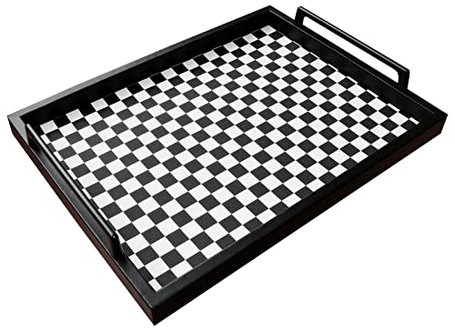MCBZ Living Room Coffee Table Decorative Tray, Food Service Tray, Leather Ottoman Tray,with Metal Handles 16.5 x 12.6 in (Black and White Grid) - color: Black/White Checkerboard