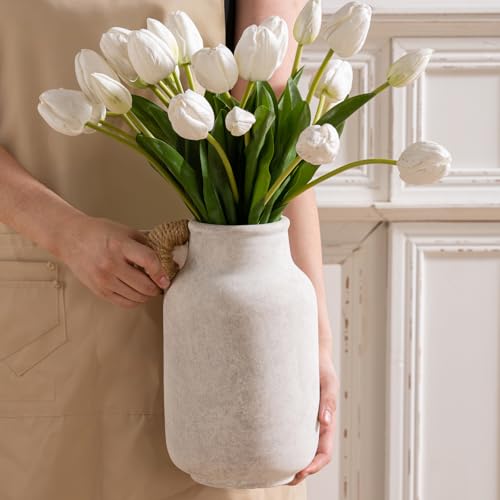 Ceramic Flower Vase Home Decor - Tall Large White Rustic Table Flowers Vases with Handle Living Room Bedroom Plant Decor Farmhouse for Kitchen Shelf Office Coffee Dining Desk (10.6" with Jute Rope) - color: 04-with Hemp Rope-10.6" Plus