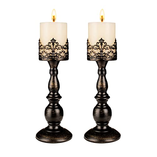 Candle Holders for Pillar Candles Gothic Distressed Black Vintage Tall Candle Holders Set of 2 Decorative Large Table Centerpieces Candle Stand Decor (Distressed Black 2PCS A) - color: Distressed Black 2pcs a