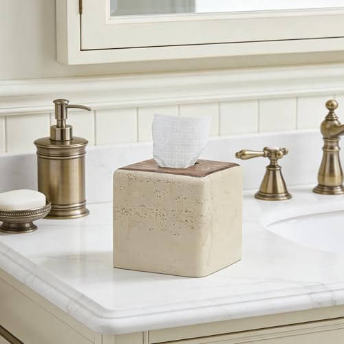 Natural Travertine & Wood Textures Tissue Box Cover Square for Home Decor,Resin Heavy Tissue Box Holder for Bathroom Countertop,Tabletop,Bedside Table,Office (Handmade of Resin) - color: Travertine & Wood