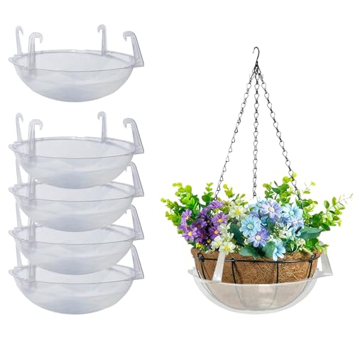 Curtis Wagner Plastics Wire Coco Hanging Basket Drip Pans (5-Pack) | Clear, Round (12” - 14" Top, 3.75" Depth) Hanging Plant Tray Saucer with Built-in Hooks & Water Catcher for Indoor & Outdoor - color: Coco, size: 12"