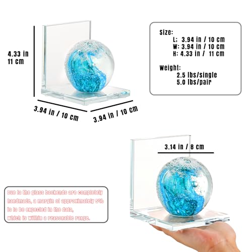 Book Ends for Shelves, Glass Bookends with Turquoise Crystal Hand Blown Sea Wave Ball, Non Skid Sturdy Glass Decorative Bookends for Ocean Lovers, Heavy Books, Office, Set of 2 - color: Light Blue+green