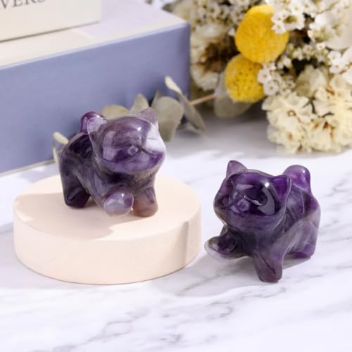 Top Plaza Amethyst Crystal Cute Cat Figurine Gifts Carved Healing Lucky Home Decor Natural Gemstone Cats Collectibles Pocket Sculpture for Cat Lovers - color: Amethyst