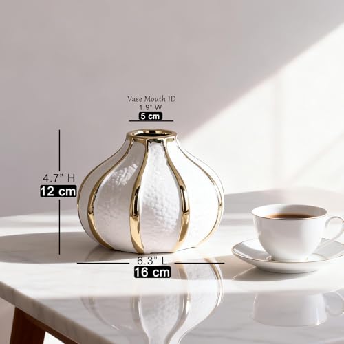 White Gold Home Decor Vase, Round White Bud Ceramic Vase for Flowers, Luxury Home Decoration, Dining Table Centerpiece (E-White)