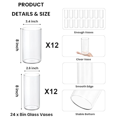 24 Pack 6 Inch Glass Vases, Clear Glass Vase Bulk Flower Cylinder Vases for Centerpieces Table Home Wedding Decorations (6"x3.4", 6"x2.6")