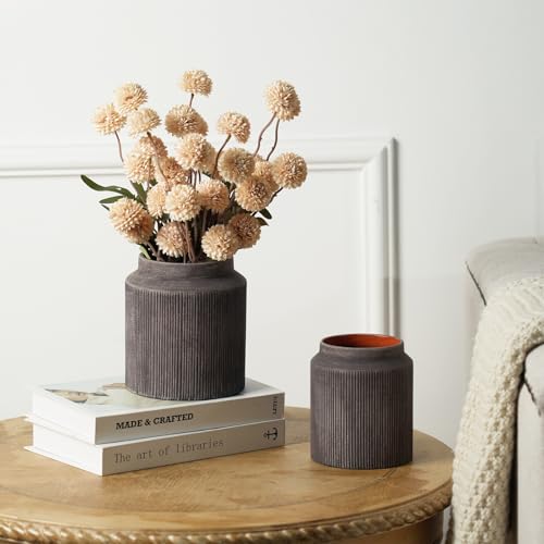 Rustic Ceramic Vase Set of 2, 5.9in Ceramic Flower Vase for Home Decor, Brown Terracotta Pottery Vase Decorative for Living Room, Coffee Table, Farmhouse, Fixwal - color: B-2pcs-brown