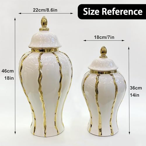 Ginger Jar, White Gold Ceramic Vase Large Handmade Porcelain Vases with Lid, White Gold Decorative Flower Vase for Home, Living Room, Weddings, Centerpieces (18in with Lid) - size: A-Gold-Large