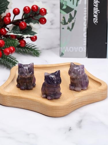 Jovivi 1.5" Amethyst Cystal Cat Statue Natural Stone Carved Cute Pocket Sitting Cat Figurines Sculpture Home Desk Christmas Decorations Gifts - color: Purple - Amethyst Crystal