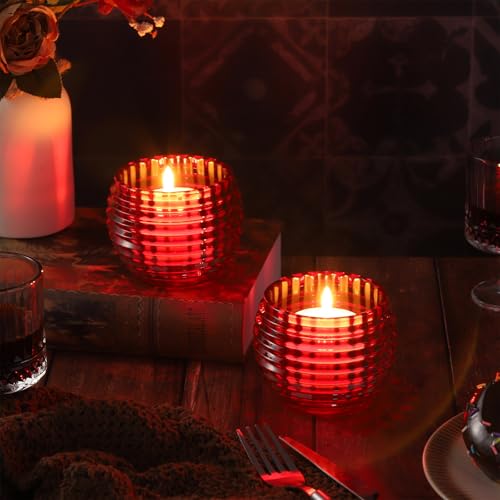 2 Pack Red Glass Votive Candle Holders for Home Decor Round Bubble Tea Light Holder for Valentine’s Day Table Centerpiece Wedding - color: Red