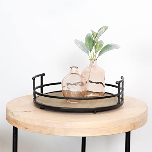 Stratton Home Decor Metal and Wood Round Tray | Wooden Coffee Table Tray Decor for Empty Table Surfaces | Decorative Round Serving Tray with Handles