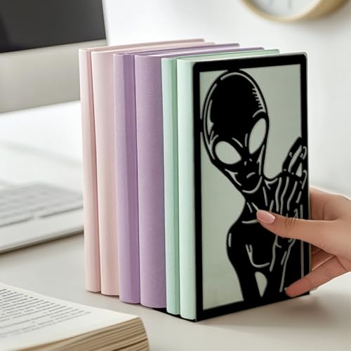 Peacoblue Metal Bookends for Shelves, Modern Decorative Heavy Duty Study Book Ends Stoppers for Office, Desk, Shelf, Room 5.3"x4.3"x7.9" Cast Iron Simple Tall Bookends 1 Pair (Aliens) - style: Alien