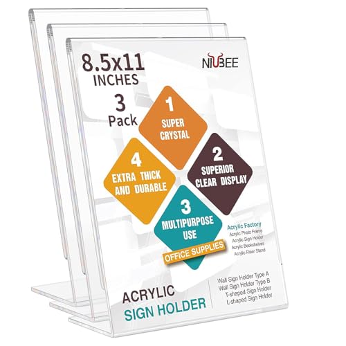 NIUBEE Slanted Back Acrylic Sign Holder 8.5 x 11 Inches, Clear Plastic Sign Holder Paper Display Table Stand for Office, Store, Restaurant (3 Pack)