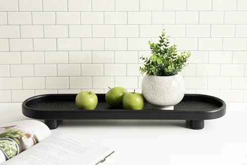 Kate and Laurel Planche Decorative Capsule Woven Tray with Solid Wood Frame; 27 x 8; Black; Modern Slim Wood Rectangle Serving Tray for Living Room - color: Black