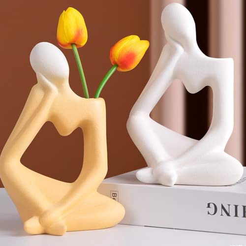 Arawat Ceramic Thinker Vase Yellow Flower Vase for Home Decor Modern Cute Boho Vases for Table Room Decor Unique Aesthetic Vase Ceramic Decorative Face Vases for Centerpieces Birthday Gifts for Women - color: Yellow Ceramic Flower Vase for Home Decor