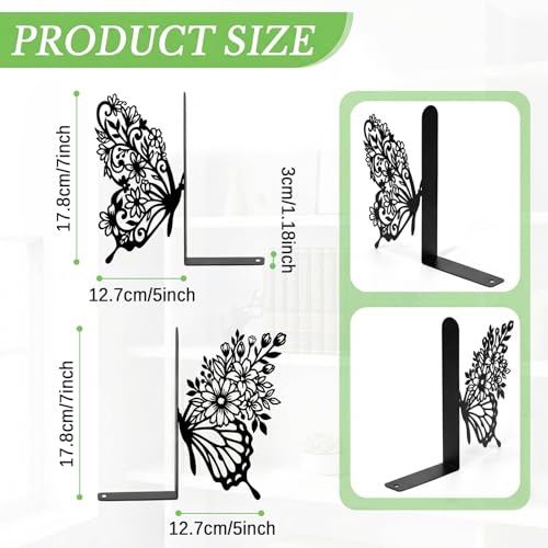 Sanwarm Metal Bookends Butterfly Floral Book Ends Decorative Bookend for Home Office Library Desk Book Shelves Decor, Gift for Reading Enthusiasts Non-Skid Book Stoppers Holder (Black 1 Pair) - color: Butterfly Floral