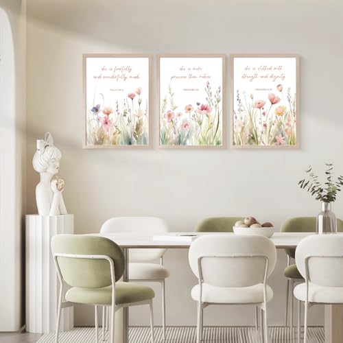 3Pcs Christian Floral Scripture Canvas Wall Art, Wildflower Bible Verse Posters Wall Decor, Psalm Religious Faith Art Pictures Prints for Living Room Bedroom Decorations 12x16in Framed - color: Wildflower Flower Bible Verses-2, size: 12"x16"