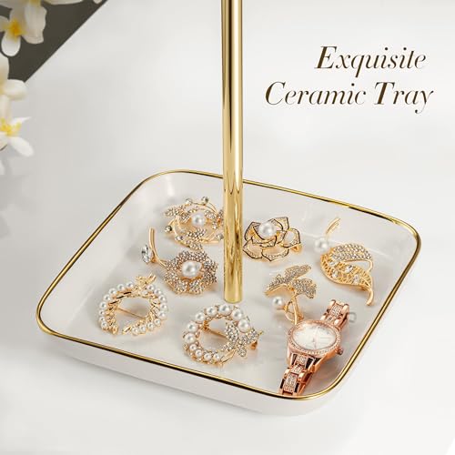 Jewelry Holder Stand with Ceramic Base: 12" Tall Necklace Organizer Rack, Tree Design Display Storage for Necklaces, Bracelets, Rings, Earrings, Aesthetic Room Décor for Girls and Women, Gold - color: White, size: 6.7" base