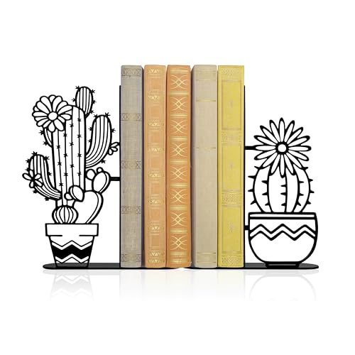 Metal Cactus Planter Book Ends, Dual Wave Pot Design Unique Cute Bookends with Rust Proof Coating, Home Office Decor & Gift for Book Lovers - color: Black