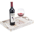 MyGift Shabby Chic Whitewashed Wood Breakfast Serving Tray with Cutout Handles with Slatted Design, Breakfast Ottoman Coffee Table Tray, 16 x 11 Inches
