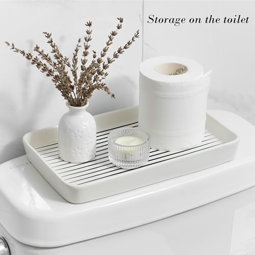 10"×6"×1" White Bathroom Vanity Tray for Countertop- Ceramic Decorative Organizer Tray for Dresser Tops, Toilet, Perfume, Sponge Holder Soap Dish Dispenser for Kitchen Counter- Black Stripes - color: White Color With Black Stripes-1 Pc