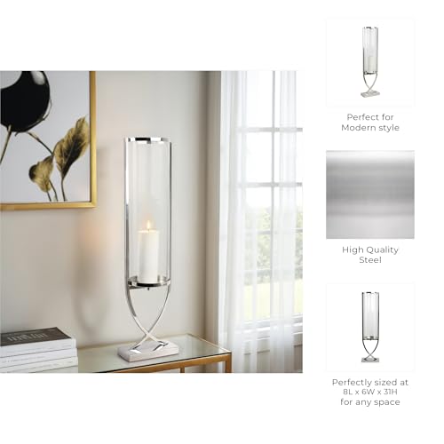 Contemporary Metal and Glass Hurricane Candle Holder - Decorative Pillar Candlestick Holder for Table Centerpiece - Elegant Home Decor Accents for Any Special Occasion Decoration - 31" Silver - color: Silver, size: 31"