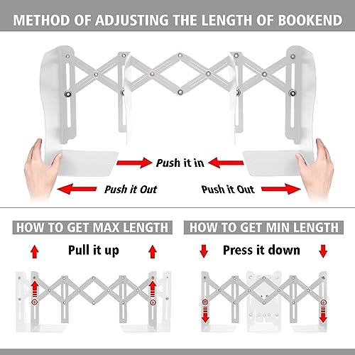 OMEYA 2PCS Adjustable Metal Bookends, Heavy Duty, 2 Dividers, Nonslip, Extends up to 19 inches (White) - color: White, size: 2PCS