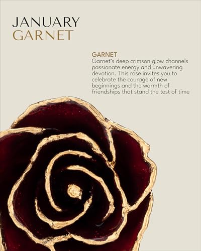 Forever Rose Hand-Dipped in 24K Gold, Garnet-Inspired January Birthstone with Sparkles, Real Rose in Luxury Gold Gift Box & Glass Vase – Perfect Ready to Gift for January Birthday or Any Occasion - color: January Garnet
