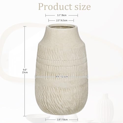 9" Pottery Vase with Sand-Grain Textured, Rustic Ceramic Vase for Mediterranean, Vintage & Farmhouse Style on Desktop Decor, Slender & Beige White - color: 9" Beige White