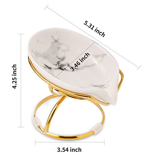 Dobbyby Leaf-Shaped Soap Dish – Ceramic Soap Bar Holder with Self-Drainage System – Bar Soap Holder for Shower, Bathroom Sink, Kitchen – Soap Dish with Stainless Steel Stand (White-Gold-2 Pack) - color: White-gold-2 Pack