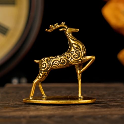Solid Brass Deer Figurine with Auspicious Cloud Patterns, Retro Desktop Decor, Collectible Figurines, Handcrafted Art Deco Sculpture for Office Desk, Home Decor, Lucky Symbol Ornament - style: Lucky Cloud Deer