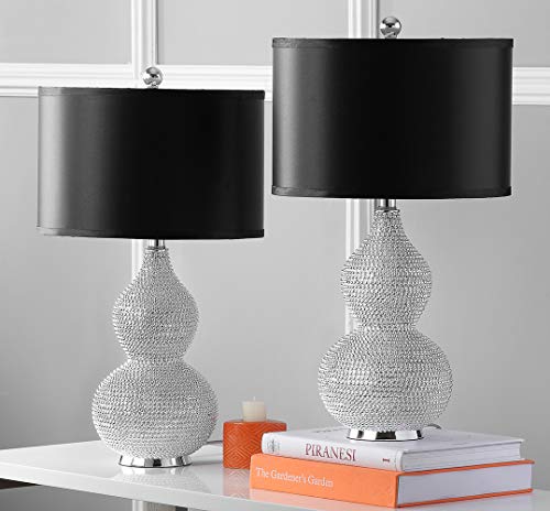 SAFAVIEH Lighting Collection Nicole Silver/Black Shade Beaded 25-inch Table Lamp Set of 2 with USB Charging Port (LED Bulbs Included) - color: Silver - with USB