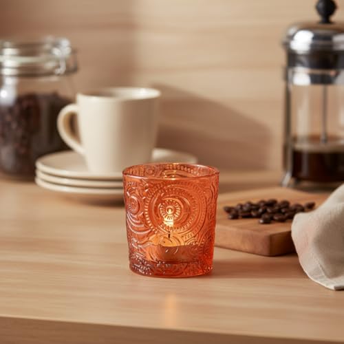 6 Pack Patented Sun Moon Star Embossed Glass Tea Light Candle Holders - Unique Votive Candle Holders for Wedding, Party, and Table Centerpieces (Pumpkin Spice) - color: Pumpkin Spice